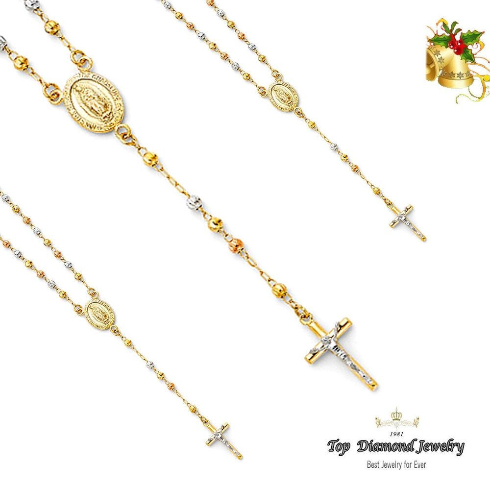 14k Rosary Necklace
 14K Solid Tri color Gold 3mm Beads Our Lady of Guadalupe