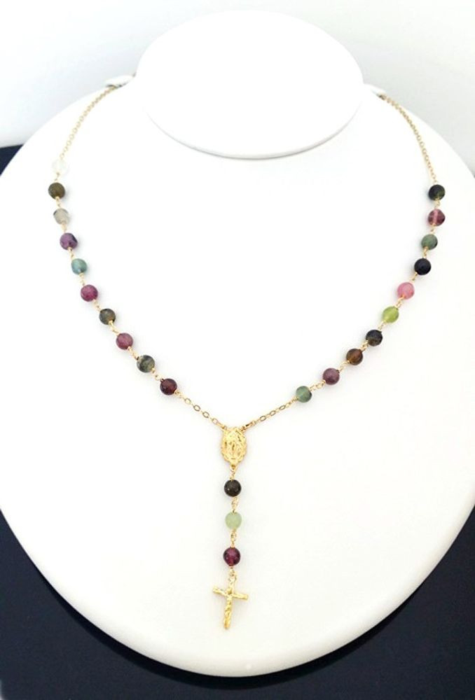 14k Rosary Necklace
 14K Solid Gold Tourmaline rosary Necklace 18inches