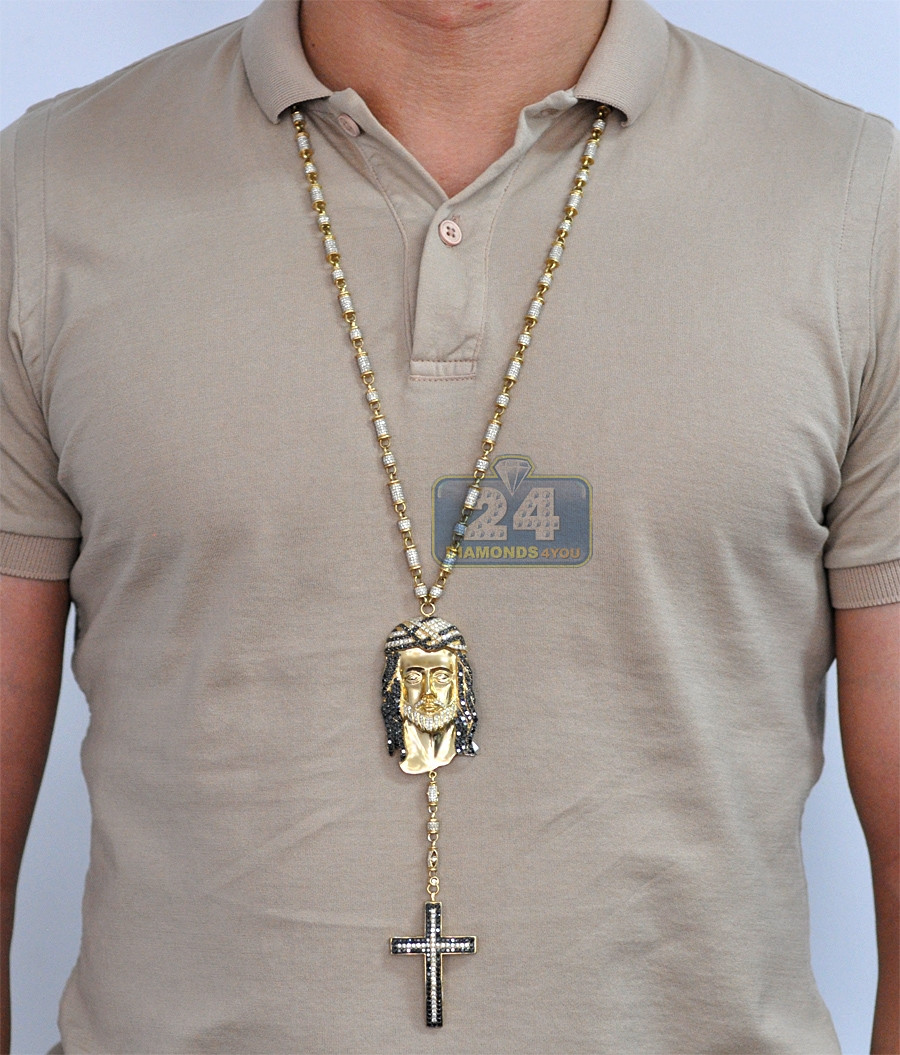 14k Rosary Necklace
 Mens Diamond Jesus Christ Rosary Necklace 14K Yellow Gold