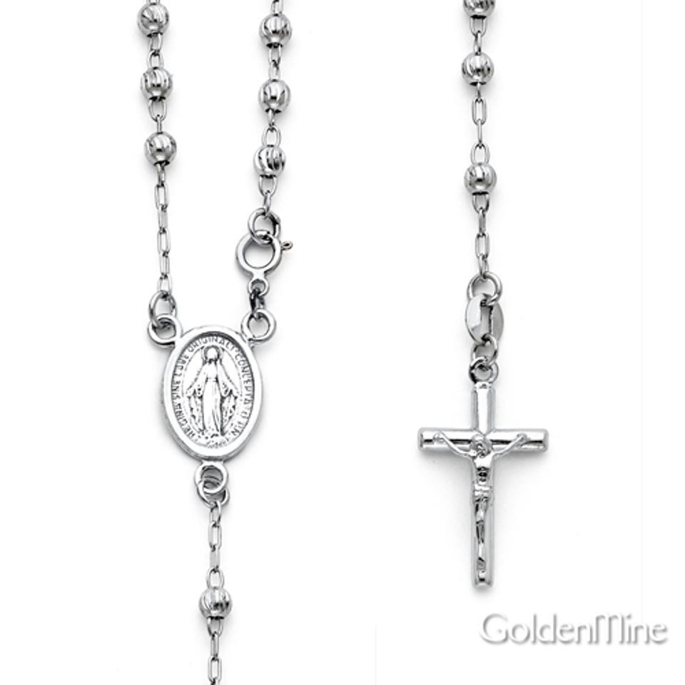 14k Rosary Necklace
 White Gold 14k 3mm Bead Our Lady Guadalupe Rosary 18inches