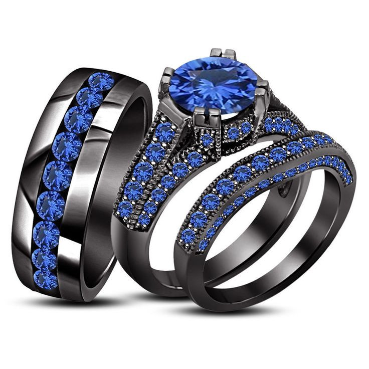 Black Gold Wedding Ring Sets
 Sapphire 18K Black Gold 925 Silver Engagement Wedding