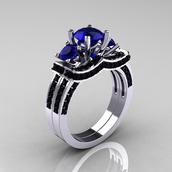 Black Gold Wedding Ring Sets
 French 14K White Gold Three Stone Blue Sapphire Black