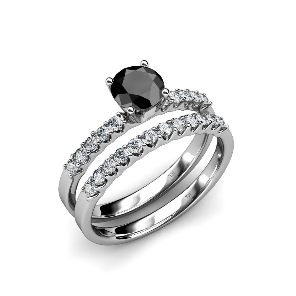Black Gold Wedding Ring Sets
 Black and White Diamond Halo Bridal Set Ring & Wedding