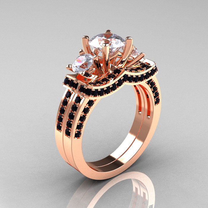 Black Gold Wedding Ring Sets
 French 14K Rose Gold Three Stone Black Diamond White