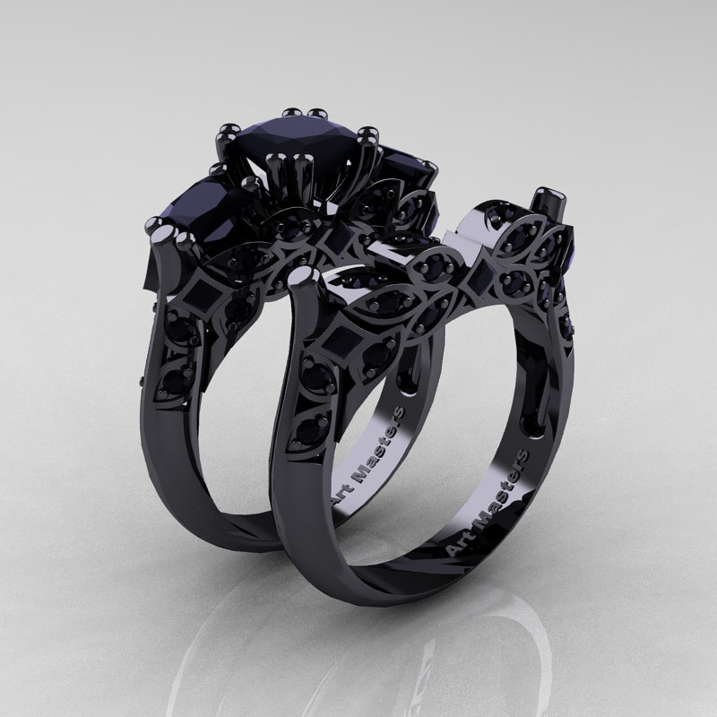 Black Gold Wedding Ring Sets
 Designer Classic 14K Black Gold Three Stone Princess Black