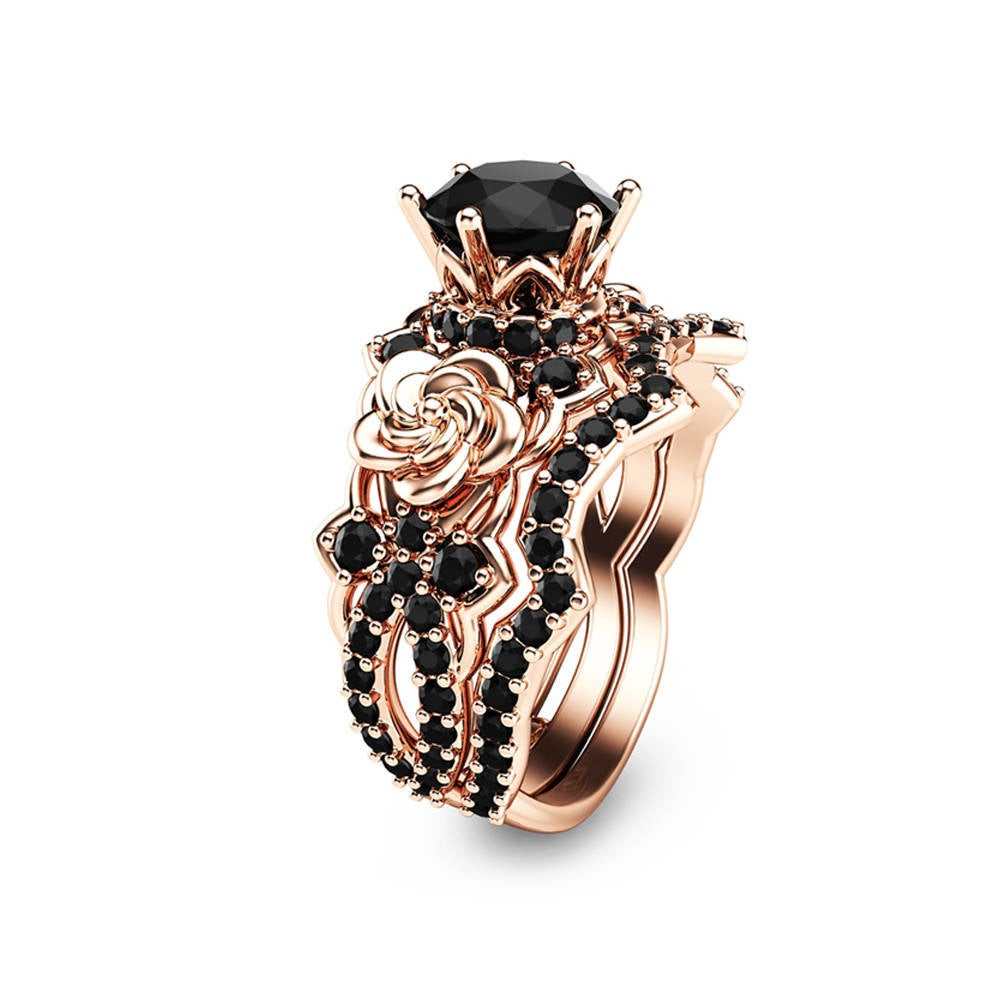 Black Gold Wedding Ring Sets
 Black Diamond Gold Engagement Ring Set 14K Rose Gold Flower