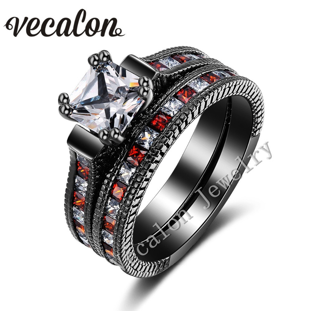 Black Gold Wedding Ring Sets
 Vecalon Antique Wedding Band Ring Set for Women Red Red