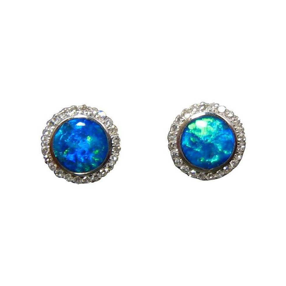 Blue Opal Earrings
 Blue Opal Diamond Stud Earrings 14k Opal Earrings