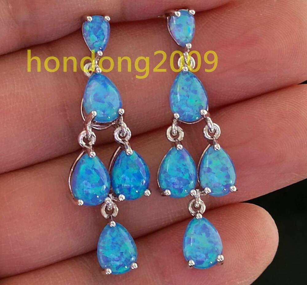 Blue Opal Earrings
 Amazing Natural Blue Fire Opal dangle 925 silver earrings