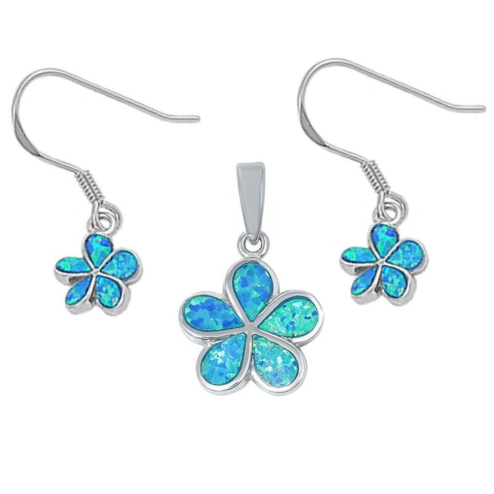 Blue Opal Earrings
 Blue Opal Flower Earrings & Pendant Set 925 Sterling