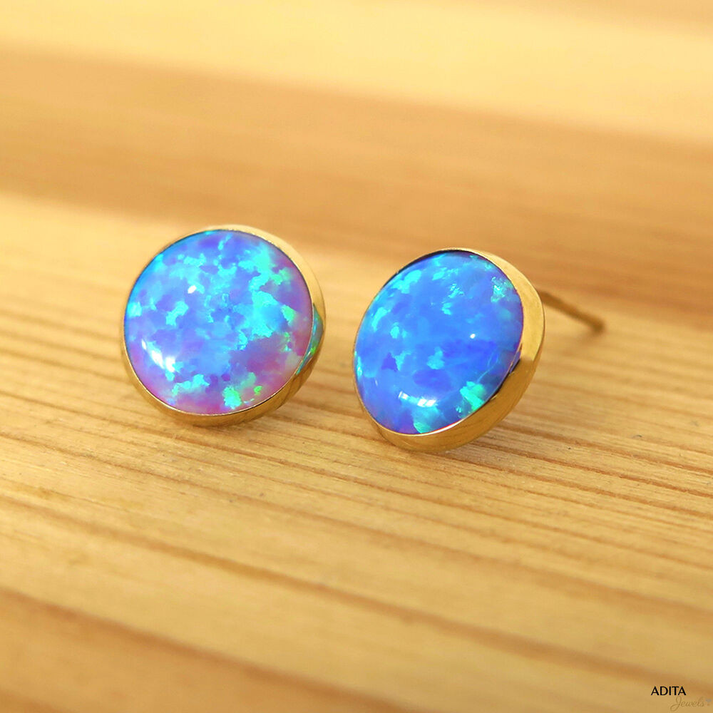 Blue Opal Earrings
 Solid Gold 14K 8mm Blue Opal Earrings Handmade Jewelry By