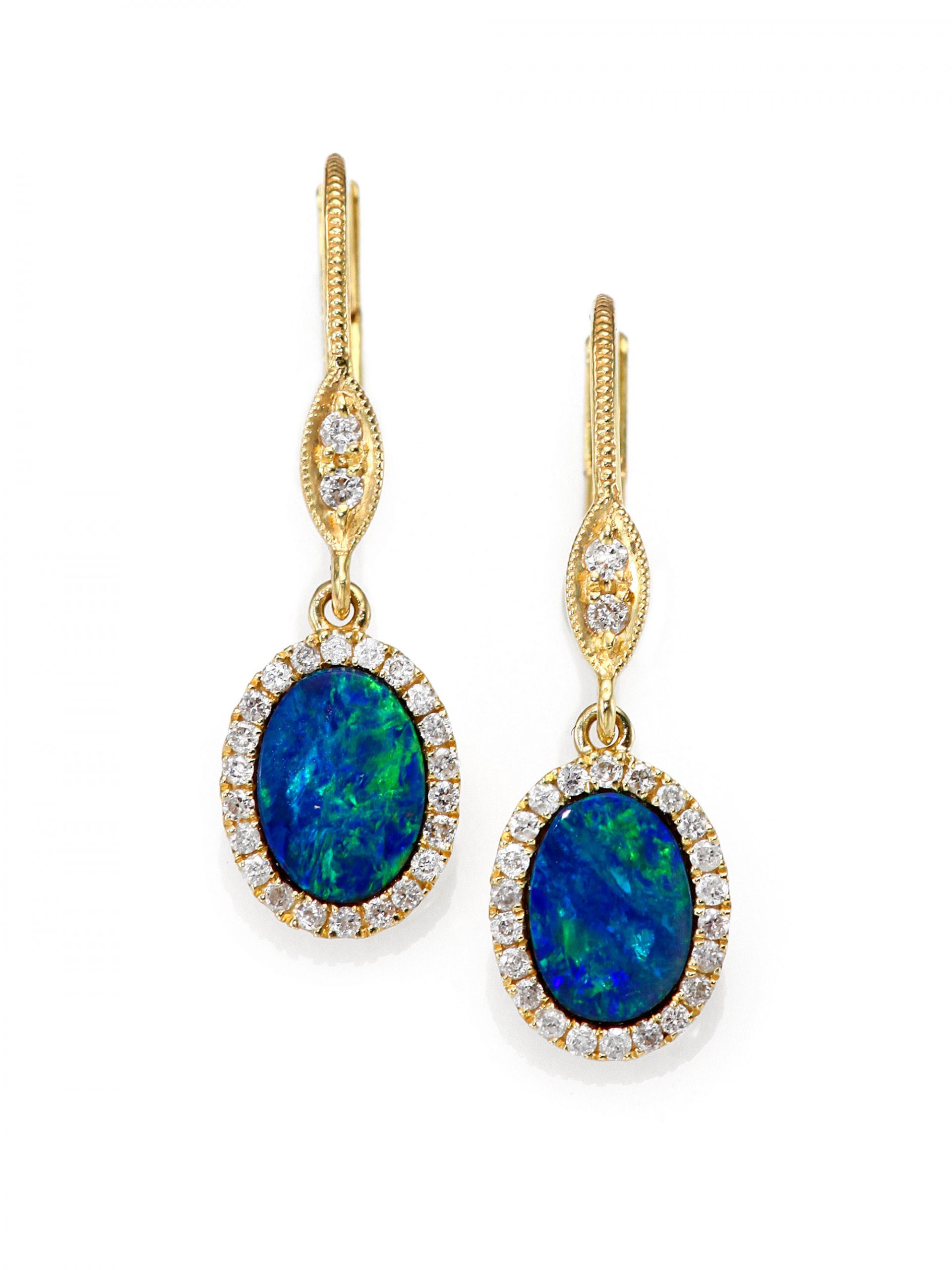 Blue Opal Earrings
 Meira t Blue Opal Diamond & 14k Yellow Gold Drop Earrings