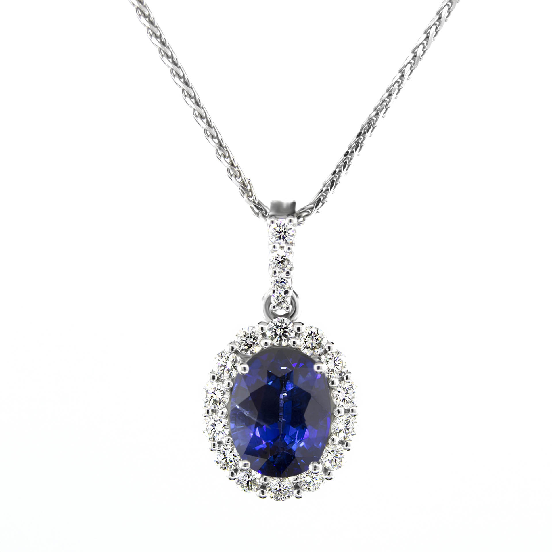 Blue Sapphire Necklace
 1 51 Carat Oval Shape Blue Sapphire & Diamond Halo