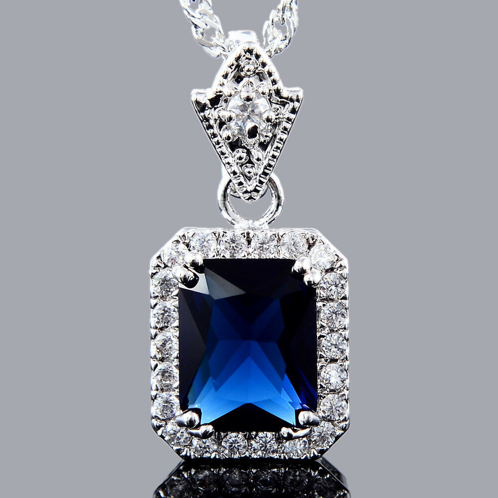 Blue Sapphire Necklace
 Brass Pendant Square Blue Sapphire 18K White Gold Plated