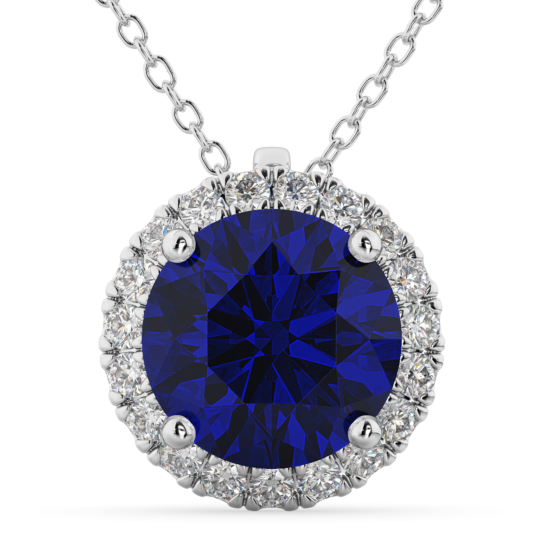 Blue Sapphire Necklace
 Halo Blue Sapphire & Diamond Pendant Necklace 14k White
