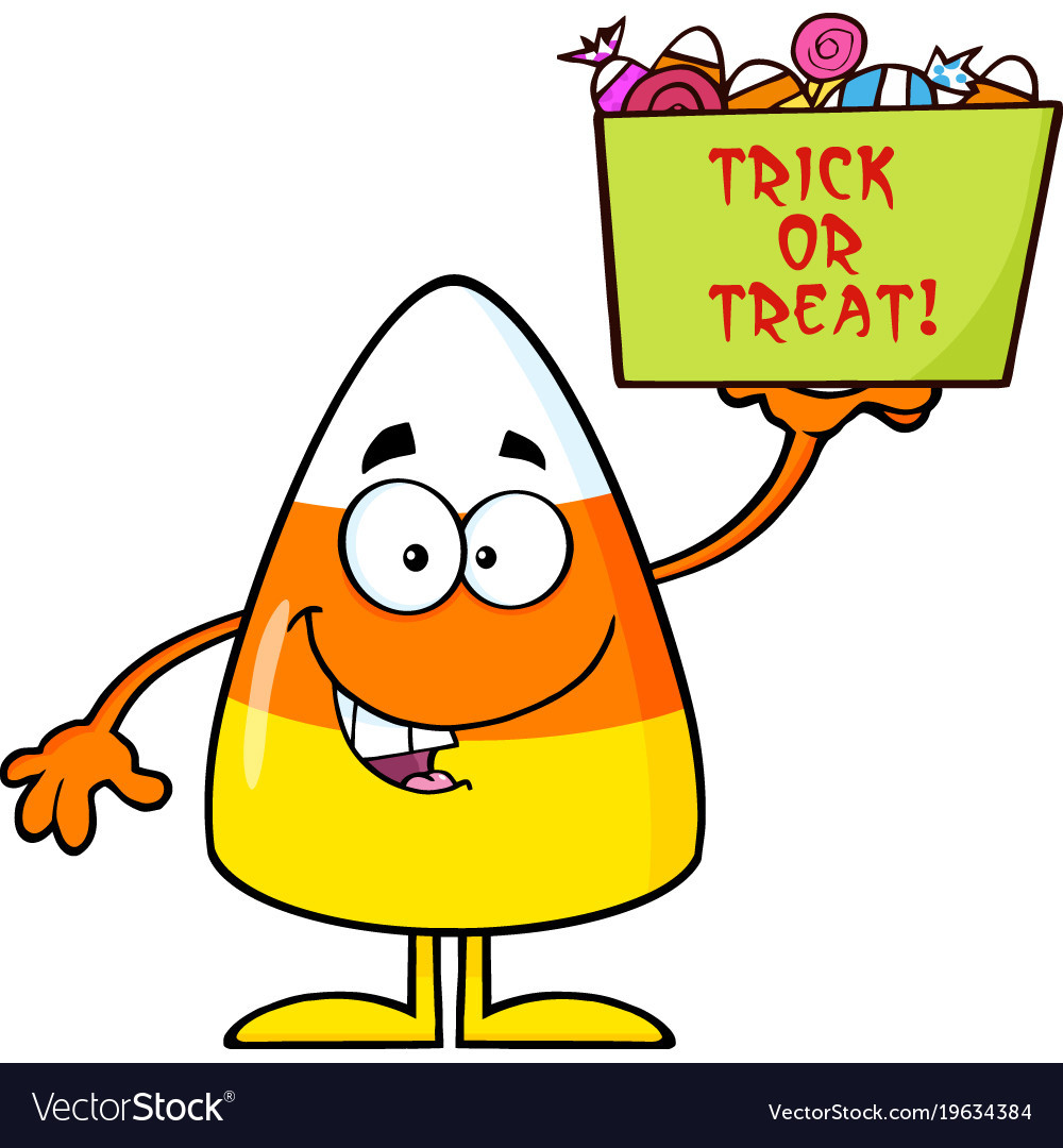 Candy Corn Cartoon
 Smiling candy corn cartoon character holds a box Vector Image