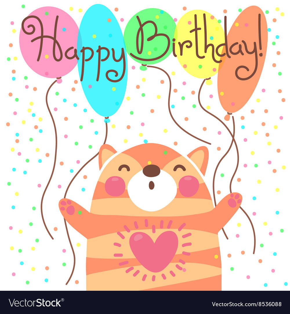 Cute Birthday Card
 Cute happy birthday card with funny kitten Vector Image