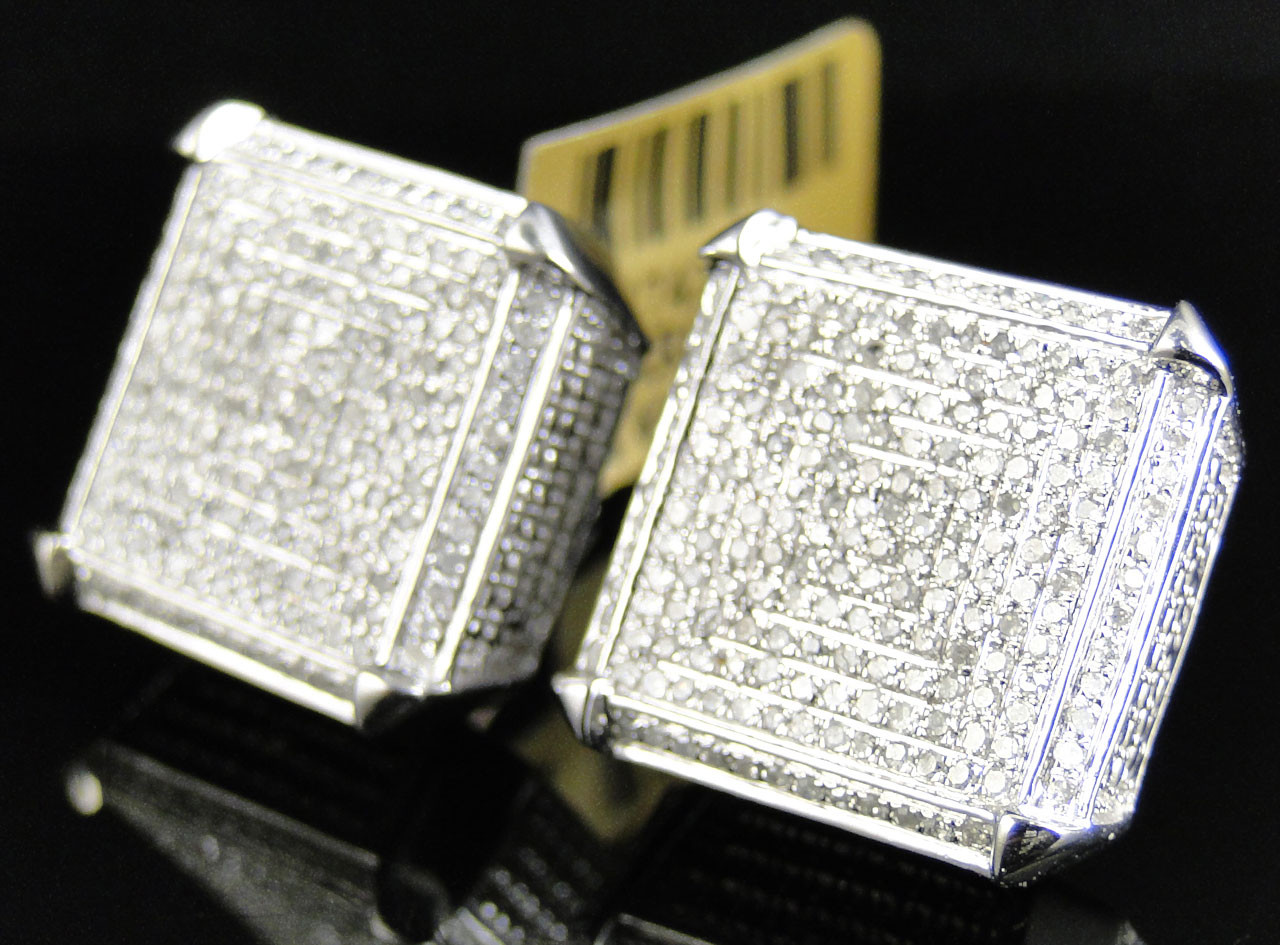 Diamond Earrings Men
 Mens La s 10K White Gold 18 MM Diamond Pave XL 3D Cube