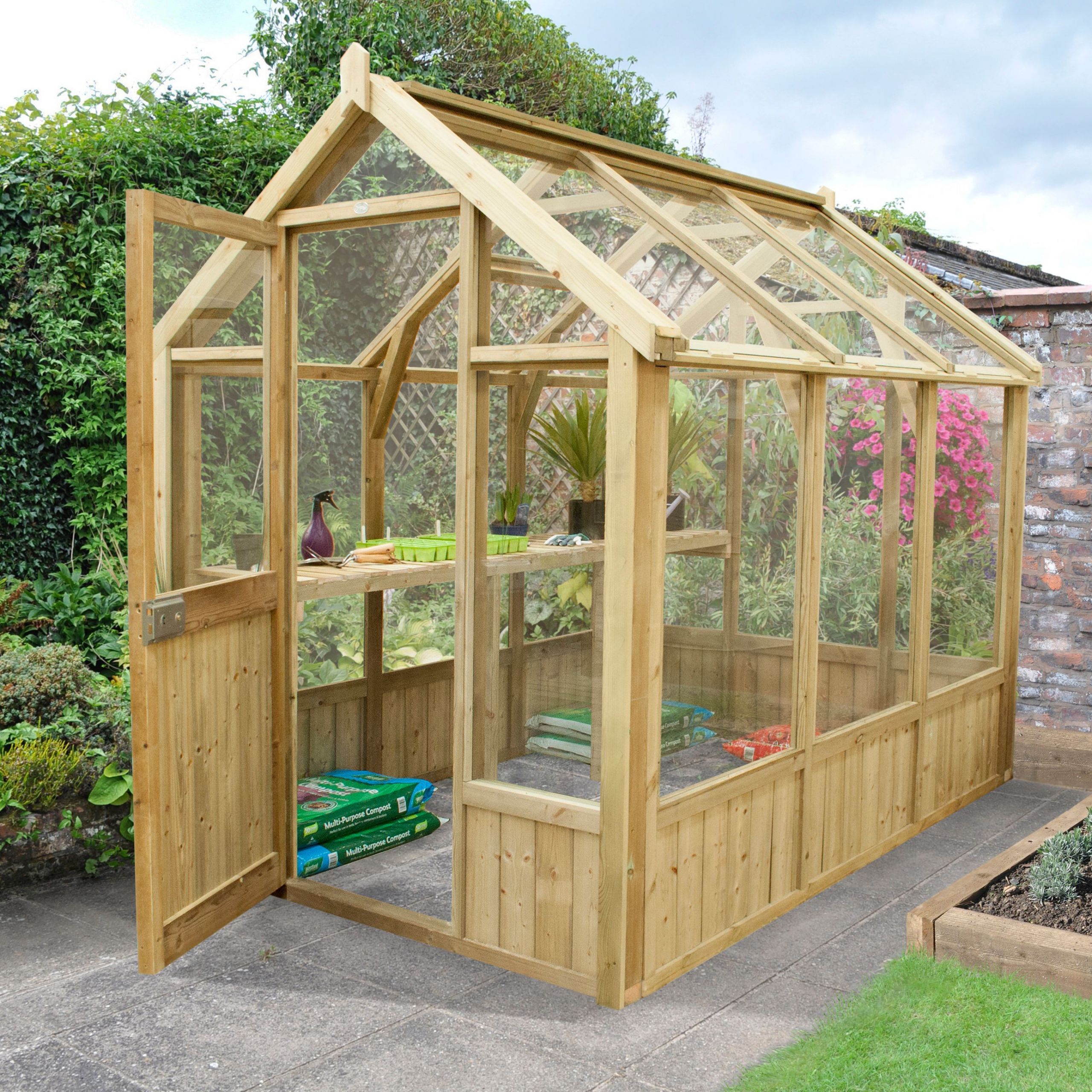 DIY Wooden Greenhouse
 Forest Garden Vale Wooden 8X6 Toughened Glass Greenhouse