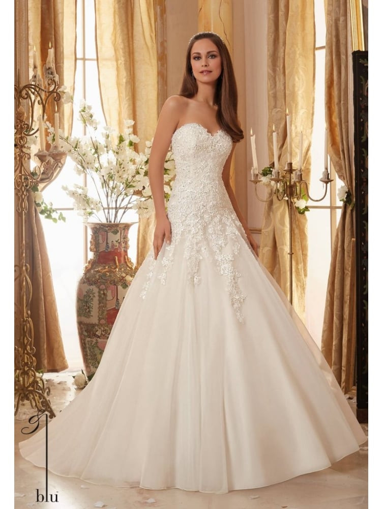 Drop Waist Wedding Dresses
 Mori Lee 5470 Dropped Waist Lace Strapless Ball Gown Ivory