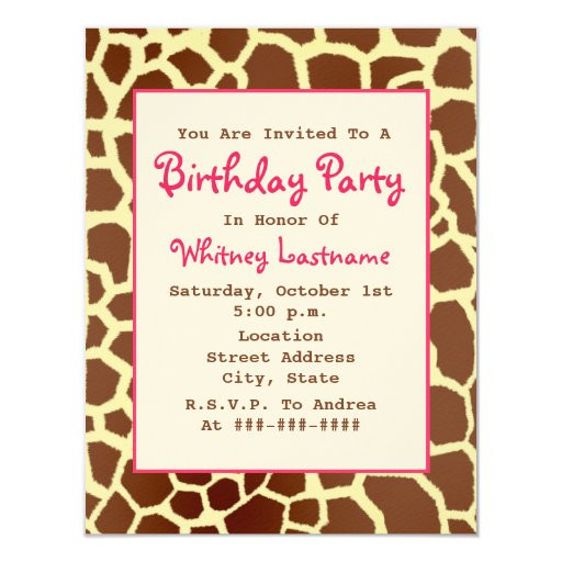 Giraffe Birthday Invitations
 Giraffe Print & Pink Birthday Party Invitation
