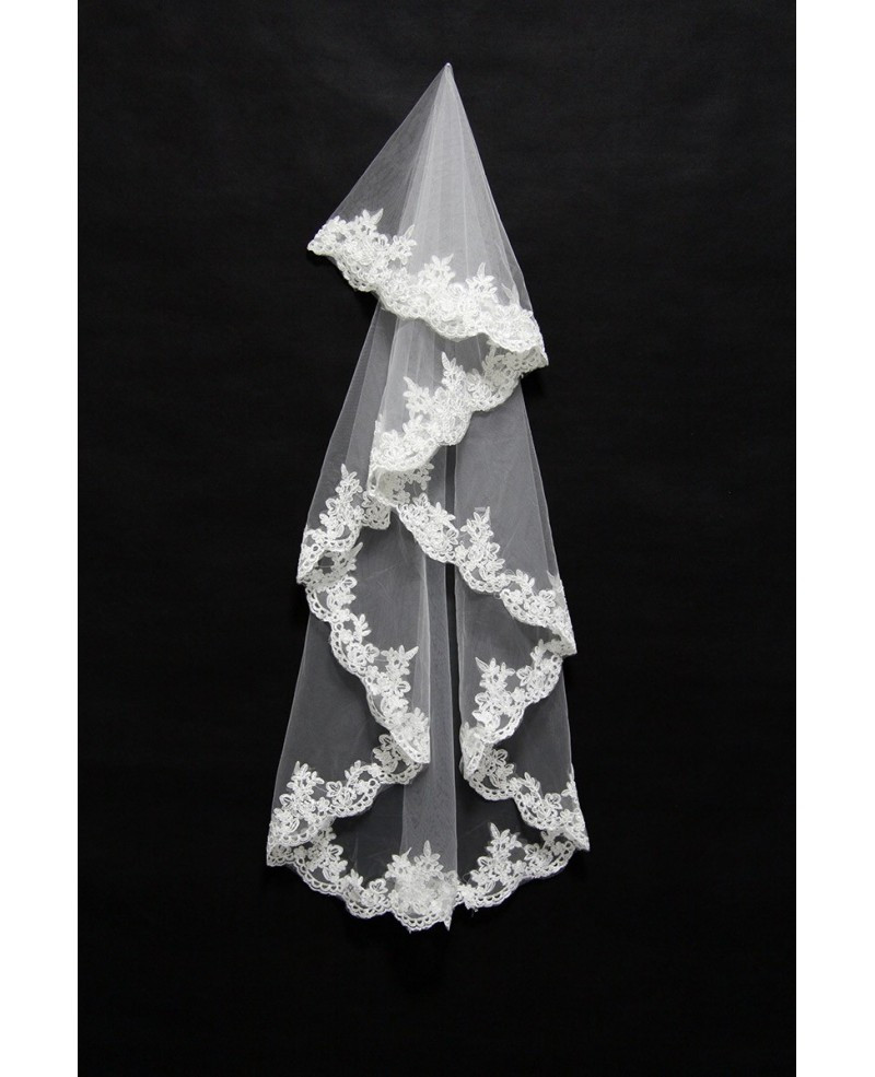 Lace Trim Wedding Veil
 Short White Tulle Wedding Veil with Lace Trim BV039