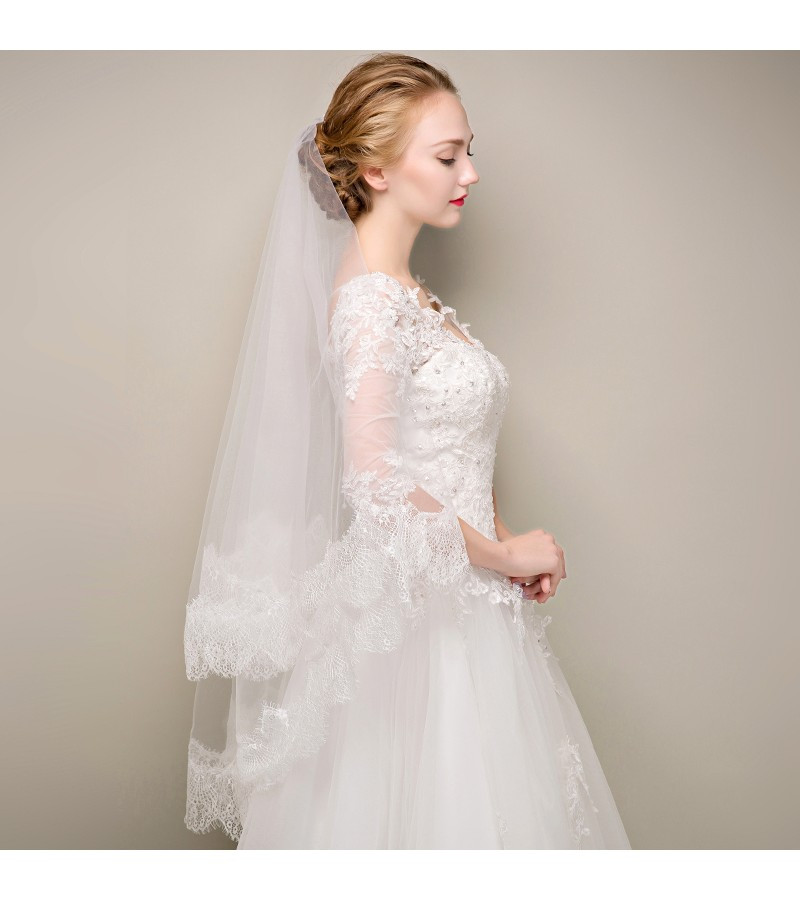 Lace Trim Wedding Veil
 Classic Lace Trim White Tulle Ballet Length Bridal Veil