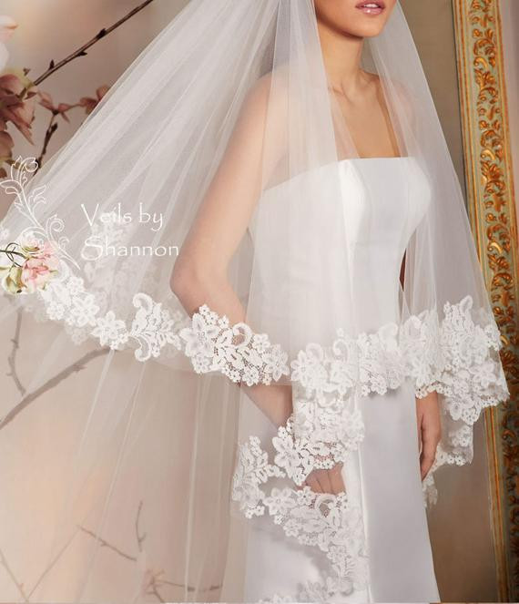 Lace Trim Wedding Veil
 2 Tiers Cathedral Lace Trim Wedding Veil With by Shannonveils