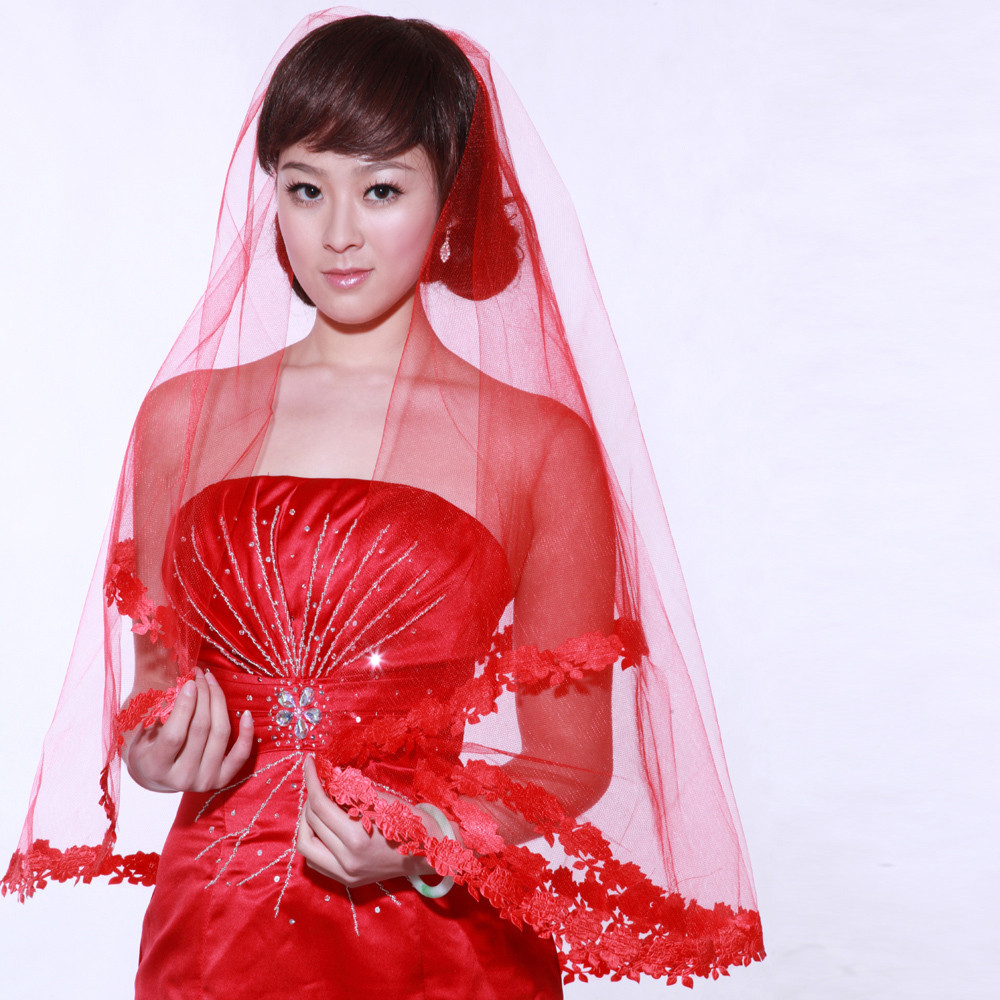 Lace Trim Wedding Veil
 Modern Lace trim Red Gauze Wedding Veil Wedding Veils