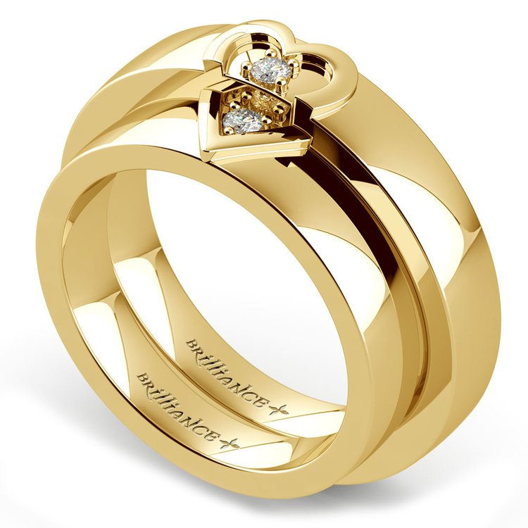 Matching Wedding Band Sets
 Matching Split Heart Diamond Wedding Ring Set in Yellow Gold