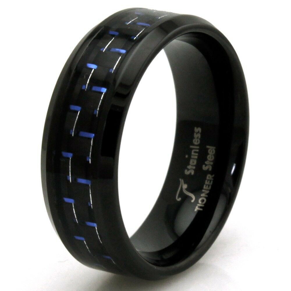 Mens Carbon Fiber Wedding Band
 Stainless Steel Blue Carbon Fiber Personalized Black Mens