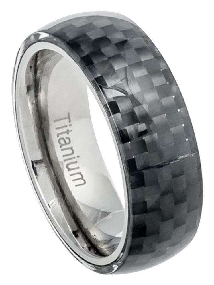 Mens Carbon Fiber Wedding Band
 8mm Titanium Ring Men Women Wedding Band Domed Black