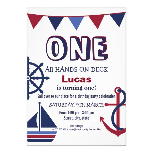 Nautical 1st Birthday Invitations
 Red & Blue Boys First Birthday Nautical Invitation