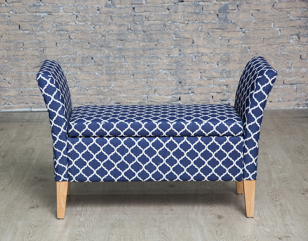 Navy Storage Bench
 Upholstered Navy Geometric Storage Bench with Arms Ottoman