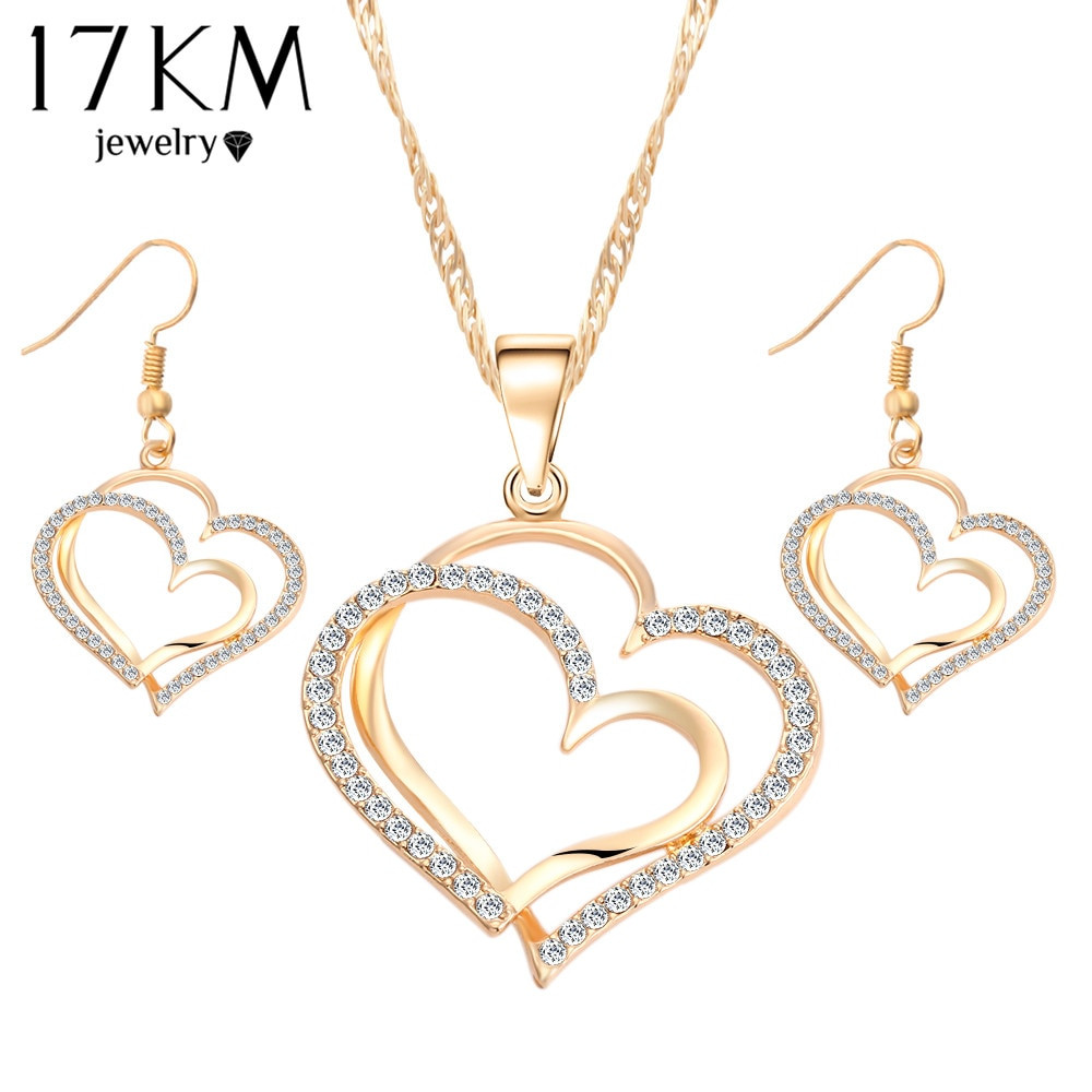 Necklace And Earring Sets
 17KM Romantic Heart Pattern Crystal Earrings Necklace Set
