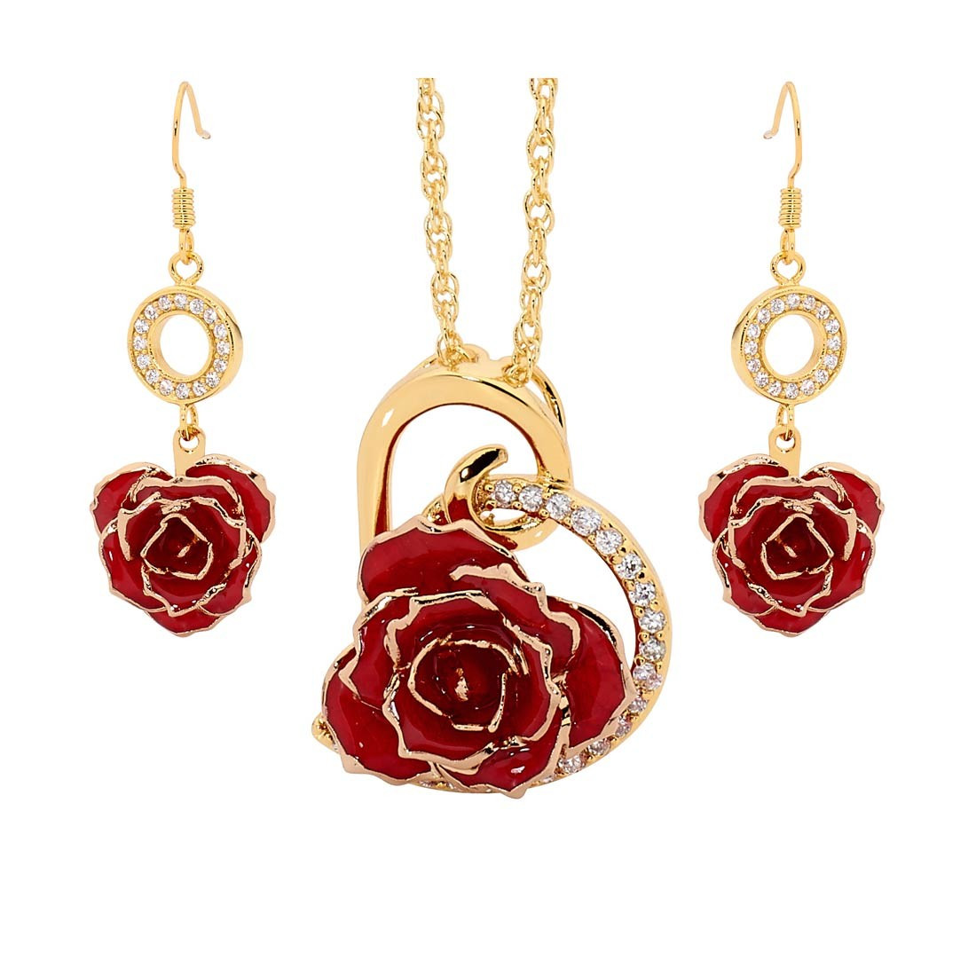 Necklace And Earring Sets
 Red Matching Pendant and Earring Set Heart Theme 24K Gold