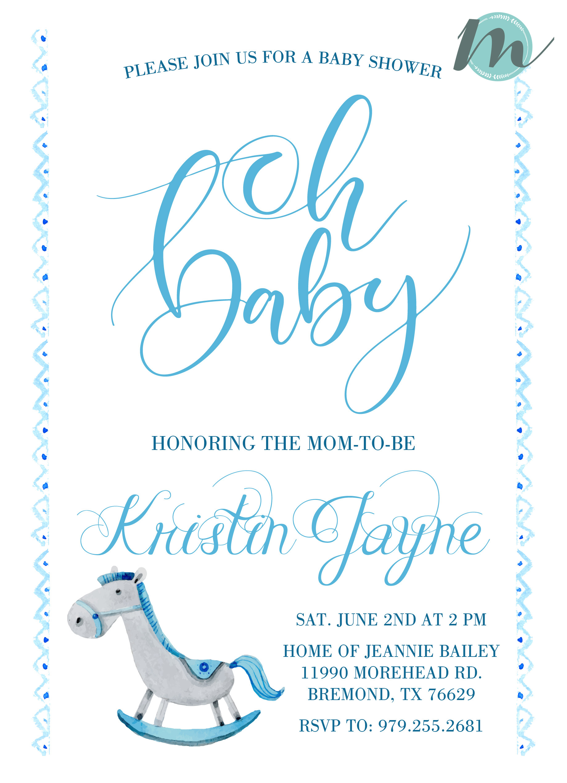 Oh Baby Hair Salon
 Oh Baby Boy Blue Baby Shower Invitation – Merely Madison