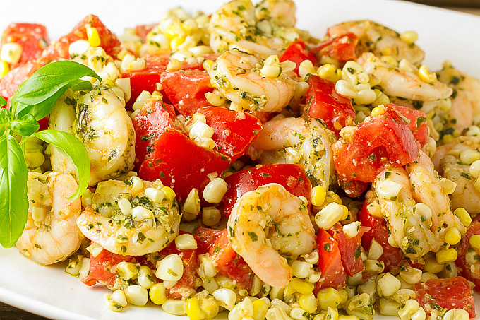 Shrimp And Corn Salad
 Shrimp Corn Tomato Salad with Pesto