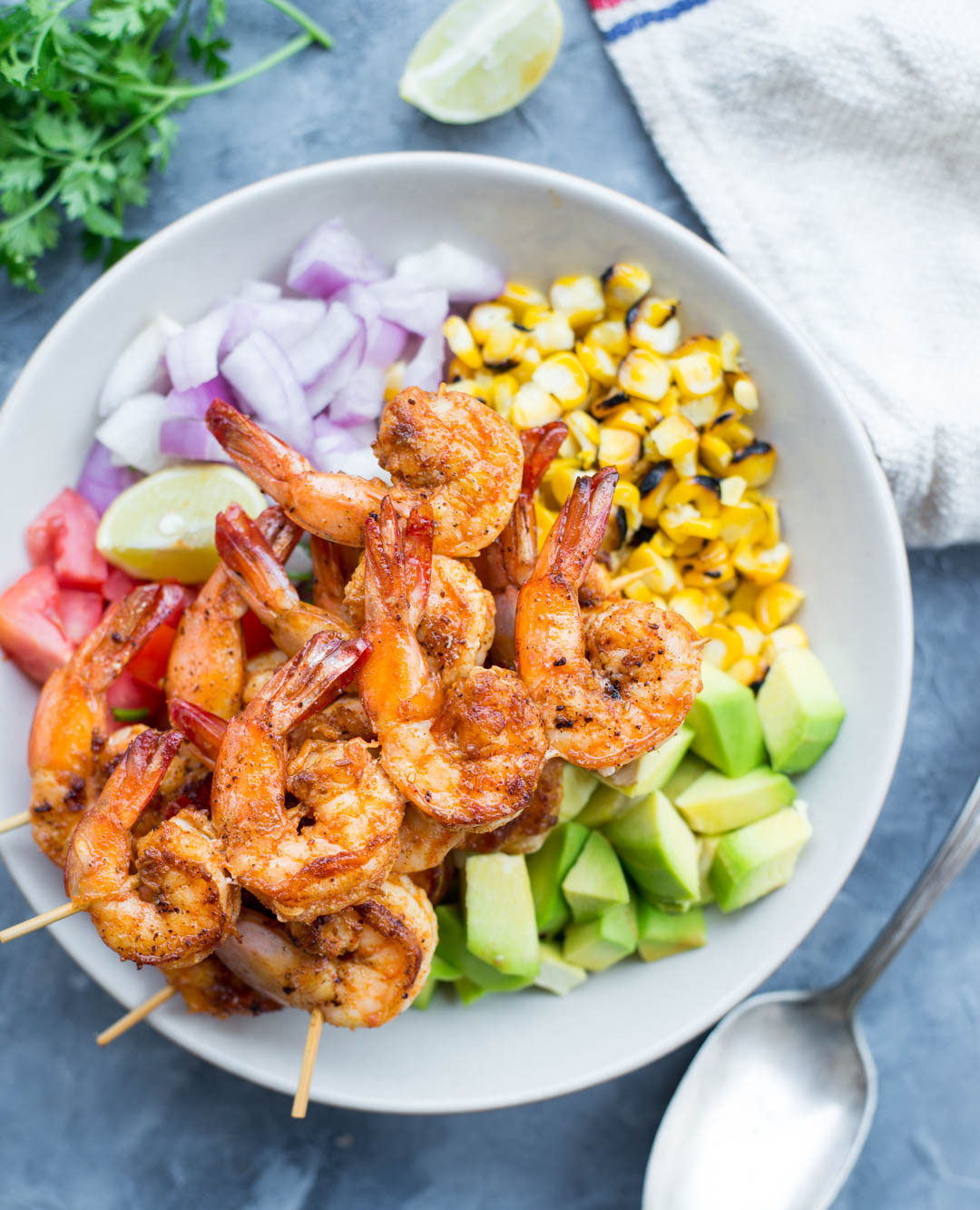 Shrimp And Corn Salad
 GRILLED SHRIMP WITH CORN AVOCADO SALAD The flavours of