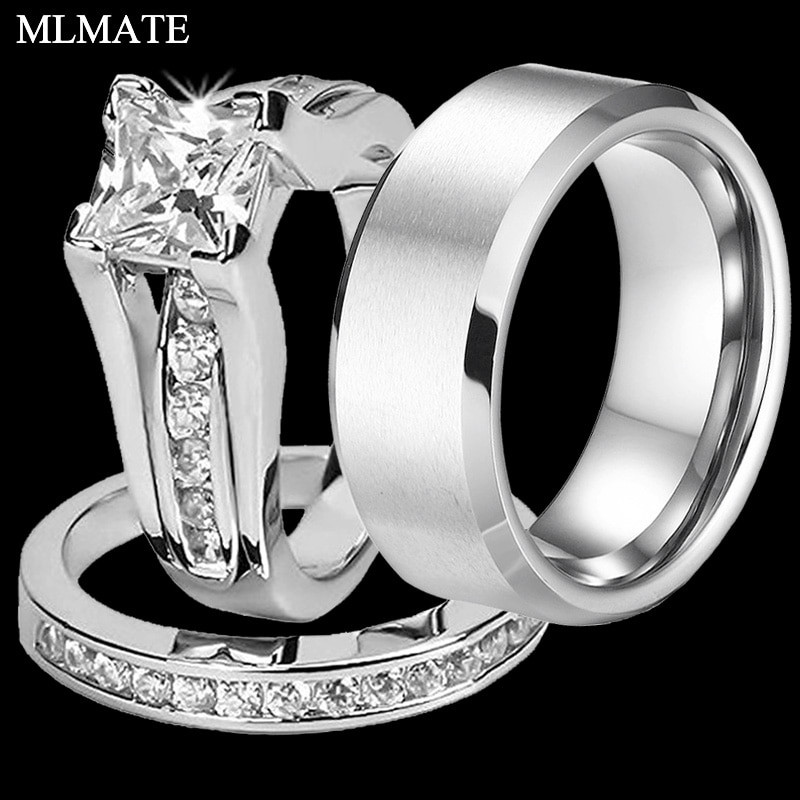 Stainless Steel Cubic Zirconia Wedding Ring Sets
 Princess Cut Cubic Zirconia Couples Rings Stainless Steel