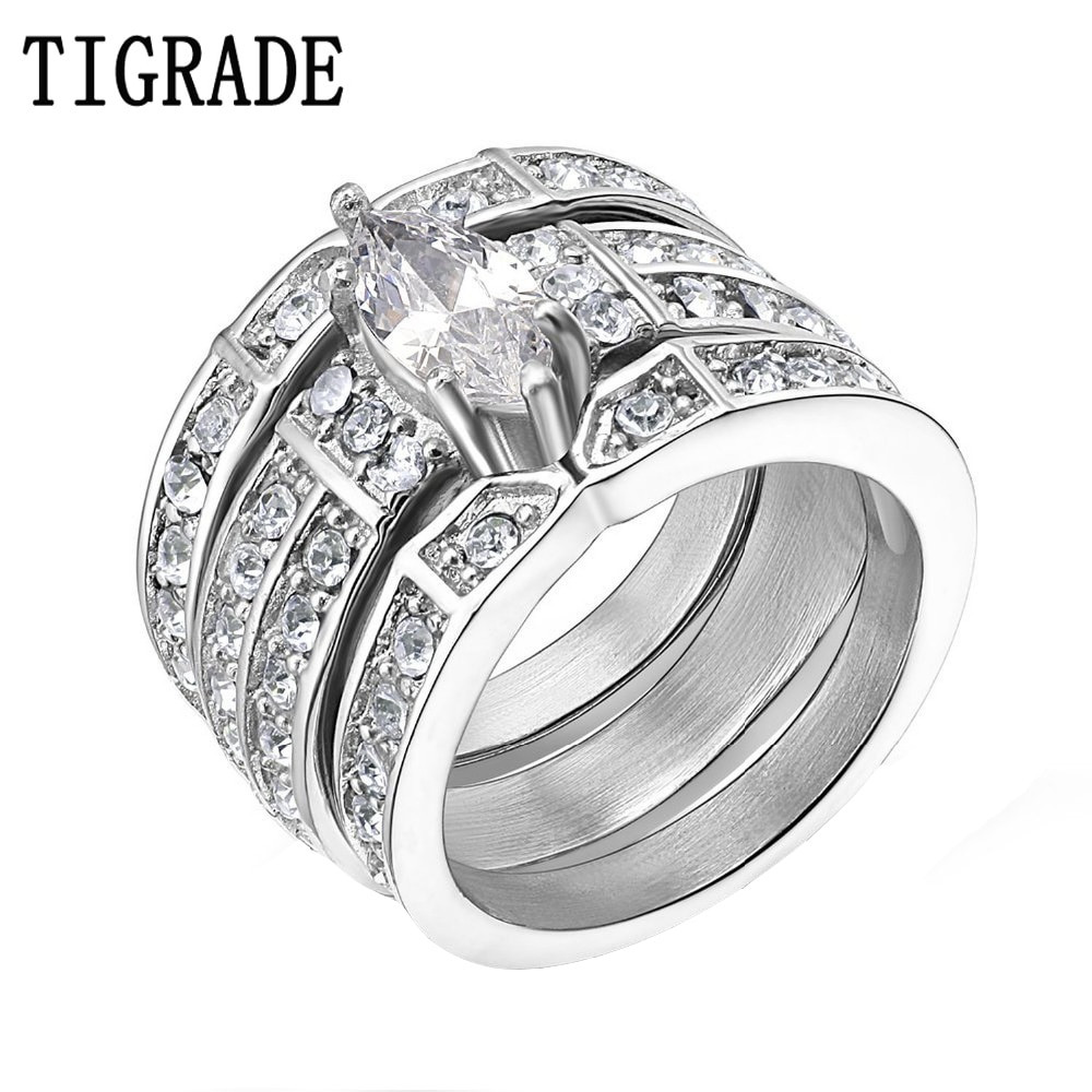 Stainless Steel Cubic Zirconia Wedding Ring Sets
 TIGRADE Silver Stainless Steel Marquise Cubic Zirconia