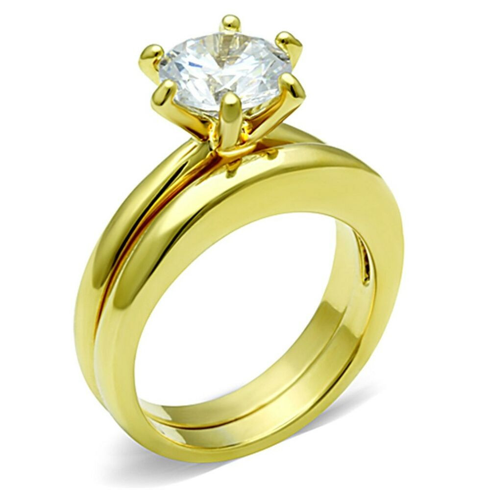 Stainless Steel Cubic Zirconia Wedding Ring Sets
 1 3Ct Round Cubic Zirconia Gold IP Stainless Steel Wedding