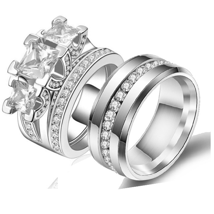 Stainless Steel Cubic Zirconia Wedding Ring Sets
 Best Selling Princess Cut Cubic Zirconia Couple Rings