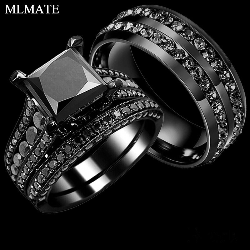 Stainless Steel Cubic Zirconia Wedding Ring Sets
 His Her Couple Rings Black 316L Stainless Steel Princess