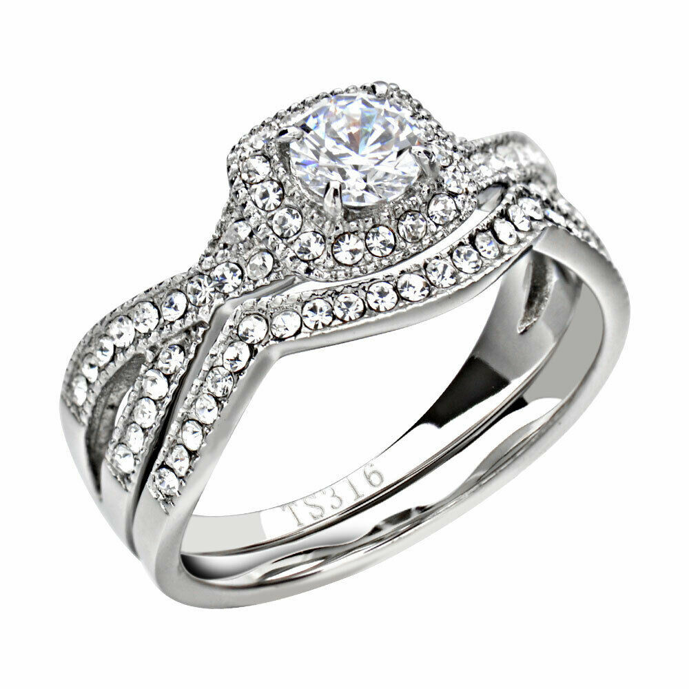 Stainless Steel Cubic Zirconia Wedding Ring Sets
 Stainless Steel Clear Round Cubic Zirconia Jewelry Women
