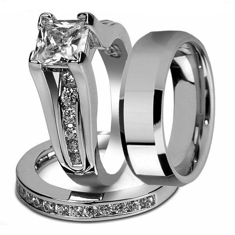 Stainless Steel Cubic Zirconia Wedding Ring Sets
 Princess Cut Cubic Zirconia Couple Rings Stainless Steel