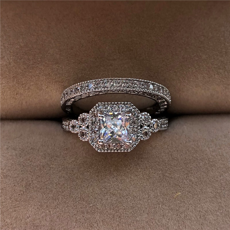 Vintage Wedding Ring Sets
 Luxury White Zircon Stone Ring Set New Fashion 925 Silver