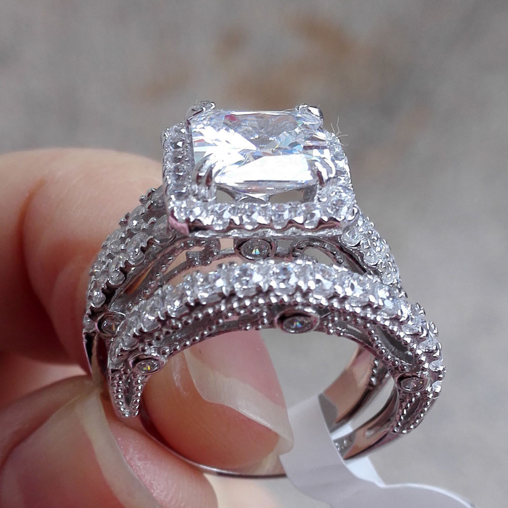 Vintage Wedding Ring Sets
 3 50 Ct Vintage Princess White CZ 925 Sterling Silver