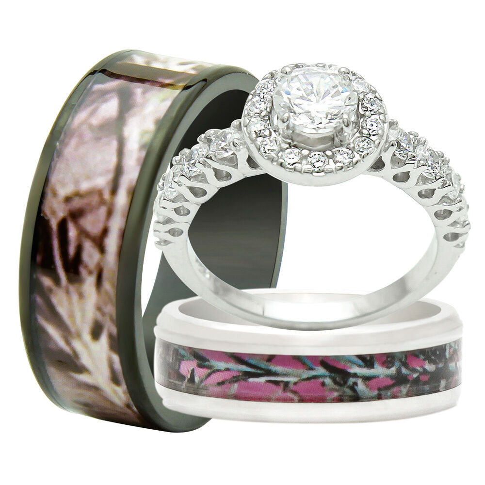 Wedding Band Sets His And Hers
 His and Hers 3PCS Titanium Camo 925 Sterling Silver