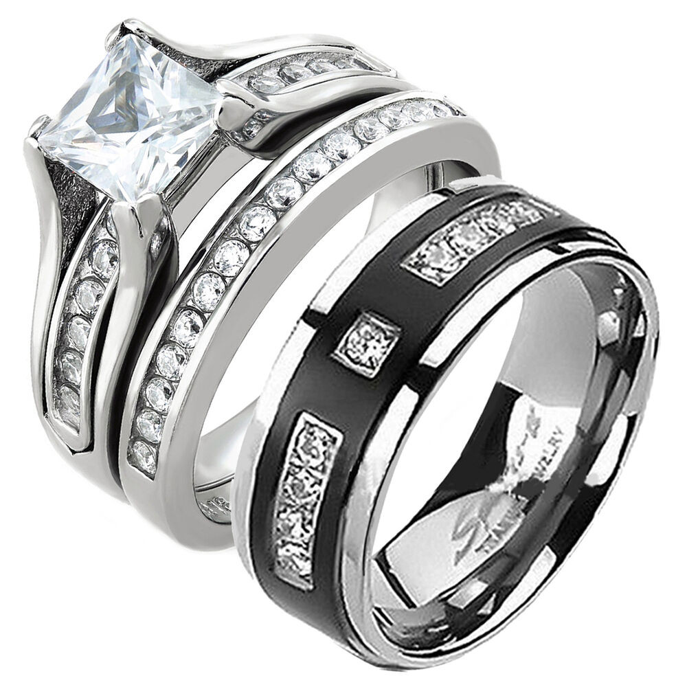 Wedding Band Sets His And Hers
 His and Hers Stainless Steel Princess Cut Wedding Ring Set